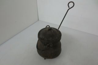 Vintage Cast Iron Smudge Pot Fire Starter Kettle W/brass Lid & Wand - See Photos -