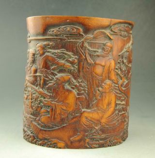 Chinese Old Exquisite Hand Engraving Eight Immortals Bamboo Brush Pot D02