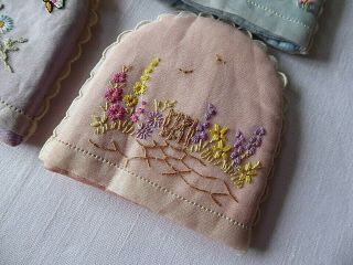 VINTAGE HAND EMBROIDERED EGG COSIES/COVERS X4.  HAND EMBROIDERED ORGANZA 4