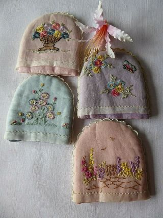 VINTAGE HAND EMBROIDERED EGG COSIES/COVERS X4.  HAND EMBROIDERED ORGANZA 8