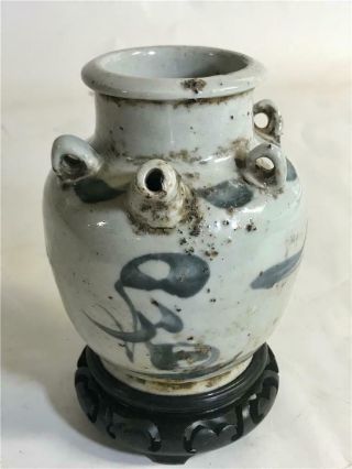 Antique Chinese Ming Dynasty Blue And White Glazed Pottery Oil Jar