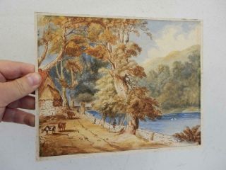 really old PAINTING antique water colour cattle man on horse 2