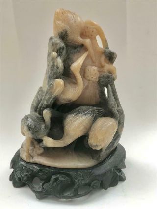 Vintage Chinese Soap Stone Carving Of Cranes And Birds Wood Stand Artist Signed