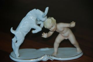 Schaubach Kunst Germany Porcelain Figurine Putti Cherub Boy And Goat