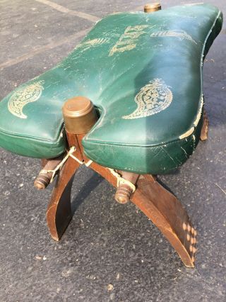 Vintage Antique Camel Saddle Ottoman Stool W/ Leather Pad