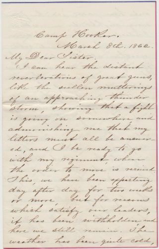 1862 Civil War Soldier Letter - Camp Hooker - Hears Cannons - South Will Lose