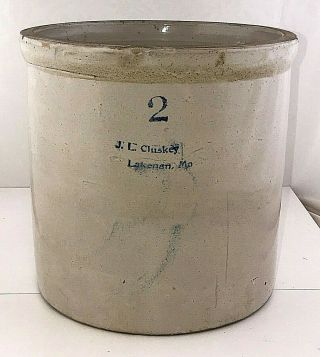 Antique 2 J.  L.  Cluskey Lakenan Missouri Stoneware Pottery 2 Gallon Crock Jar