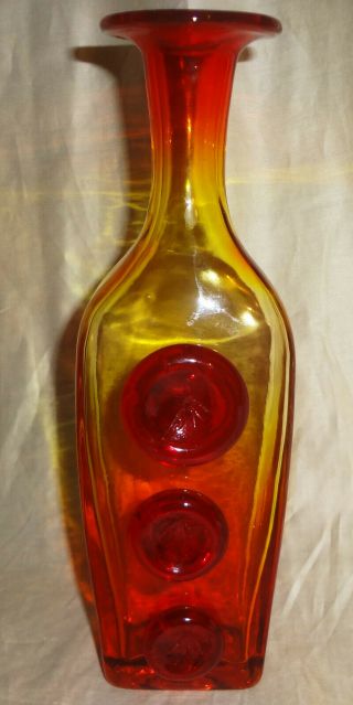 Htf Rainbow Art Glass Unusual Tangerina 10 " Bottle / Vase Applied Discs - Amberina