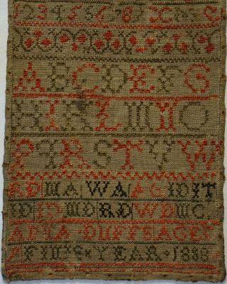 EARLY 19TH CENTURY ALPHABET & FAMILY INITIALS SAMPLER BY ANNA DUFFS AGED 9 1808 3
