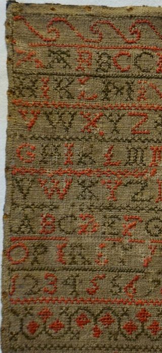 EARLY 19TH CENTURY ALPHABET & FAMILY INITIALS SAMPLER BY ANNA DUFFS AGED 9 1808 4