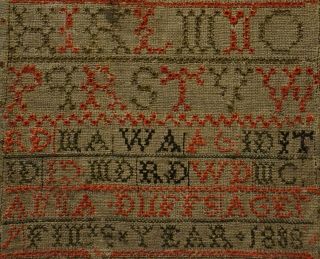 EARLY 19TH CENTURY ALPHABET & FAMILY INITIALS SAMPLER BY ANNA DUFFS AGED 9 1808 8