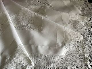Stunning Large Antique Irish Linen Tablecloth Deep Lace Trim & Inserts