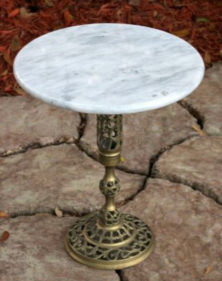 Vintage Marble Top Pedestal Table Brass Base Plant Stand 2