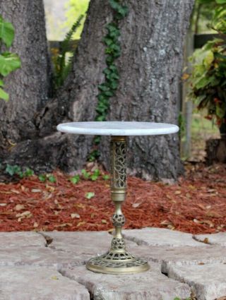 Vintage Marble Top Pedestal Table Brass Base Plant Stand 3