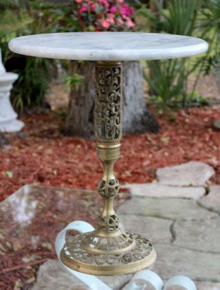 Vintage Marble Top Pedestal Table Brass Base Plant Stand 4