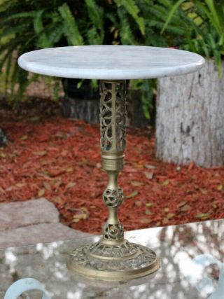 Vintage Marble Top Pedestal Table Brass Base Plant Stand 5