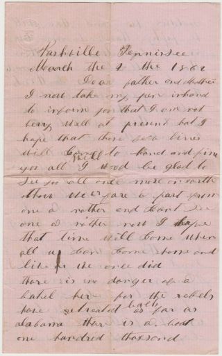 Civil War Soldier Letter Nashville Tn March 2 1862 - 5 Days After City Fell