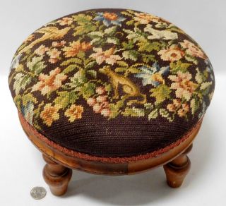Antique Needlepoint Round Wooden Footstool Flowers & Animals