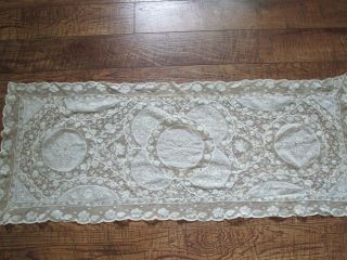 Antique Vtg French Or Brussels Tulle Lace Runner Scarf W/coronation Cord 44x17 "