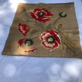 Victorian Silk Embroidered Pillow Top.  Poppies