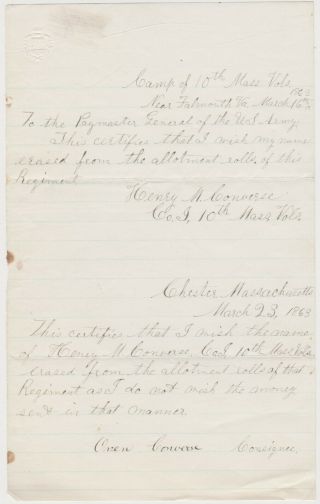 1863 Civil War Letter - Camp Of 10th Regt.  Mass Infantry Near Falmouth Va
