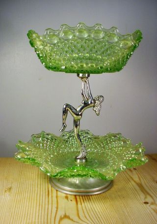 Art Deco Chrome Naked Lady With Green Glass Bowls Cake Stand