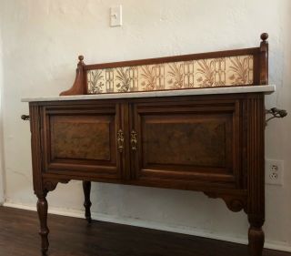Antique Oak Buffet,  Carved Wood,  Casters And,  Marble Top