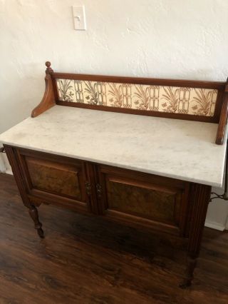Antique Oak Buffet,  carved wood,  casters and,  Marble Top 2