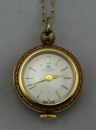 Bucherer Pendant Pocket Watch 17 Jeweled Swiss Movement Gold Pink W/ Chain
