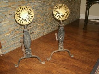 Antique Andirons Virginia Metal Crafters Cast Iron & Brass 24  Tall Heavy