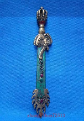 Handmade Tibetan Brass Red Coral & Turquoise Inlaid Buddhism Statue 11 "