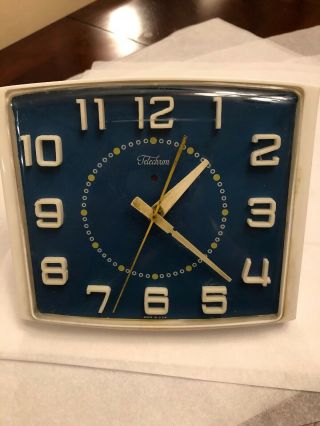 Vintage Blue/White Telechron Electric Mid Century Wall Clock Model 2HA41 4