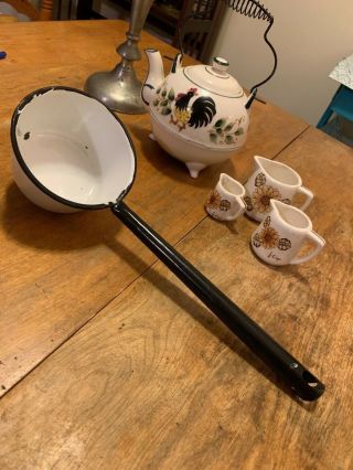 Antique White Enamelware Long Handled Ladel - Primitive - Farmhouse Country Kitchen