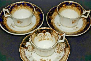 3 Early Yates Fine Quality Cups & Saucers - Berthoud - Very Rare - L@@k