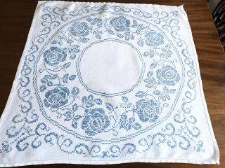 Vintage Hand Embroidered White Cotton Blue Cross Stitch Roses Tablecloth 32x32”