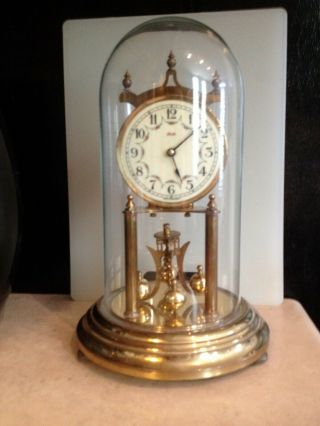Vintage Key Wind German Kundo Anniversary Clock W Glass Dome Parts Repair