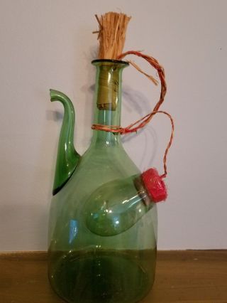 Vtg Italian Wine Decanter Cooler Carafe Green Hand Blown Glass With Ice Cooler