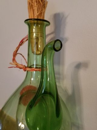 Vtg Italian Wine Decanter Cooler Carafe Green Hand Blown Glass With Ice cooler 4