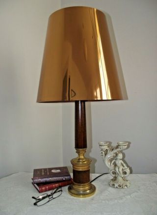 Very Tall Vintage French Brass & Wooden Lamp With Large Copper Color Shade 1158