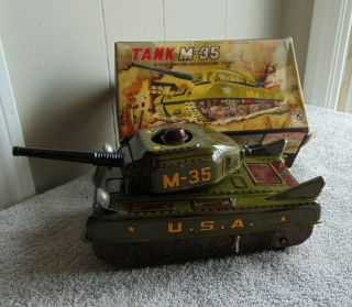 Vintage Marks Japan Battery Operated Tin Combat Tank W/ Box