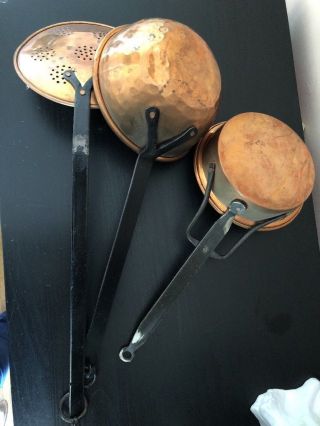 Vintage Hand Hammered Copper Set Ladle Skimmer Strainer With Iron Handles