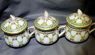 Antique 6 Saxe Porcelain Pot De Creme Cups Hand Painted & Gilded C.  Ahrenfeldt