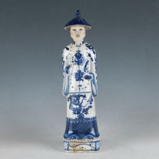 Chinese Blue And White Porcelain Handwork Carved Archaic Officials Statue