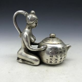 Chinese Tibetan Silver Copper Pure Hand - Carved Woman Wine Pot