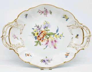 Fine Antique Nymphenburg Porcelain Handpainted Floral Gilt Handled Serving Bowl