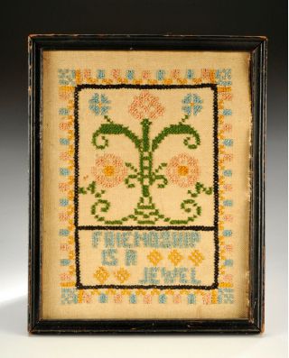 19th C Needlepoint Embroidered Small Sampler " Friendship Is A Jewel " 7.  5 " X 9.  5 "
