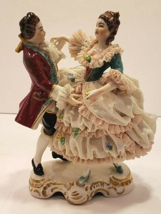 Antique Dresden Lace Dancing Couple German Figurine Mz Marking
