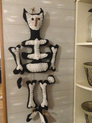 Primitive Halloween Fall Black Cat Skeleton Doll Decor