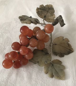 Vintage Chinese Carved Carnelian Jade Agate Grapes Hard Stone Hardstone Fruit