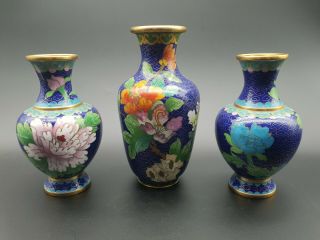 Vintage Chinese Blue Cloisonne Vases Floral Design